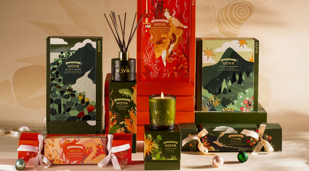VOYA Christmas gift sets, including oils, creams and candles.